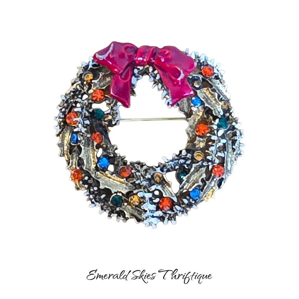 Vintage ART enamel brooch with multi-color rhinestones. Free shipping